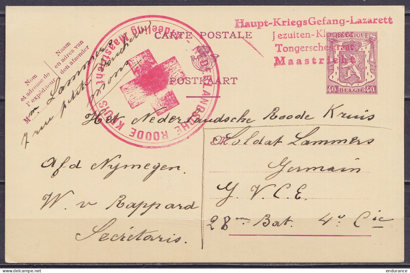 EP CP 40c Lilas (N°479) Datée 2 Juillet 1940 De MONS Pour Soldat Prisonnier Via Croix-Rouge Néerlandaise à MAASTRICHT -  - WW II (Covers & Documents)