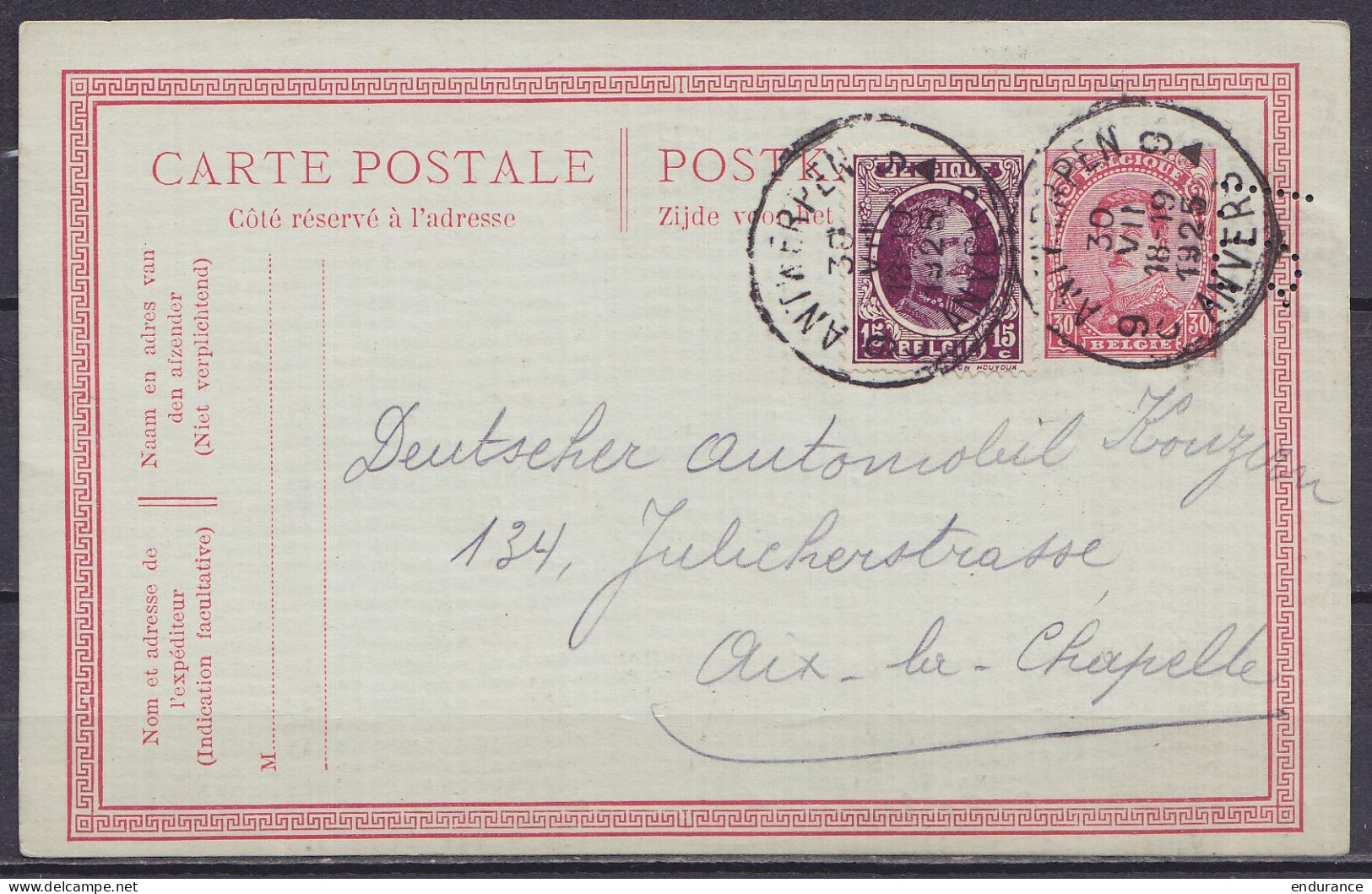 EP CP 10c Rouge (type N°138) Perforé + N°195 Càd ANTWERPEN 9/30 VII 1925/ ANVERS Pour Deutschee Automobil Konzern à AIX- - Briefkaarten 1909-1934