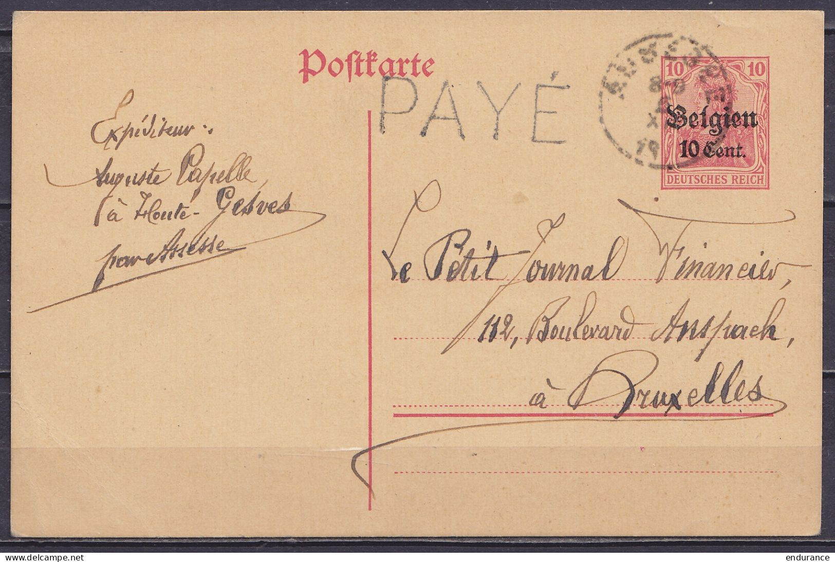 EP CP Postkarte 10c Rouge (type OC14) De HAUTE-GESVES Càd ASSESSE /5 XII 1918 Pour BRUXELLES - Griffe "PAYÉ" (utilisatio - Fortune Cancels (1919)