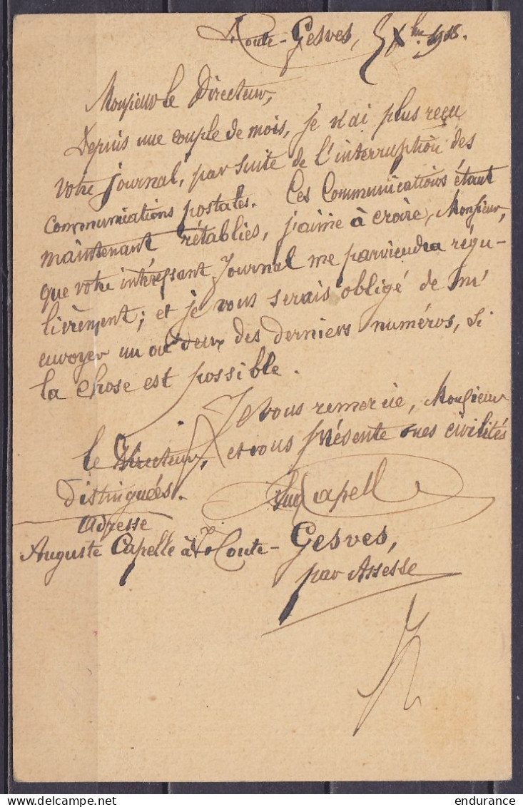 EP CP Postkarte 10c Rouge (type OC14) De HAUTE-GESVES Càd ASSESSE /5 XII 1918 Pour BRUXELLES - Griffe "PAYÉ" (utilisatio - Fortune (1919)