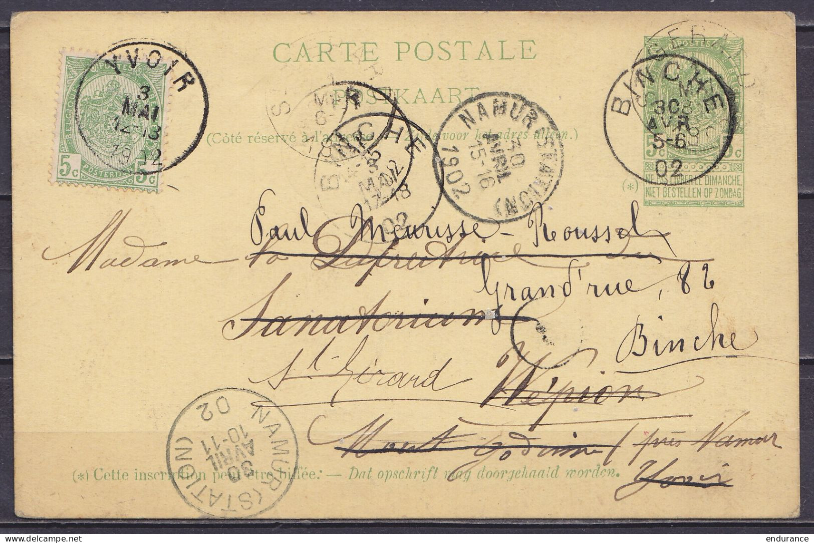 EP CP 5c Vert Càd BINCHE /30 AVR 1902 Pour Sanatorium De WEPION Mont-Godinne Réexpédiée à ST-GERARD, Réaffr. N°56 Càd YV - Cartoline 1871-1909