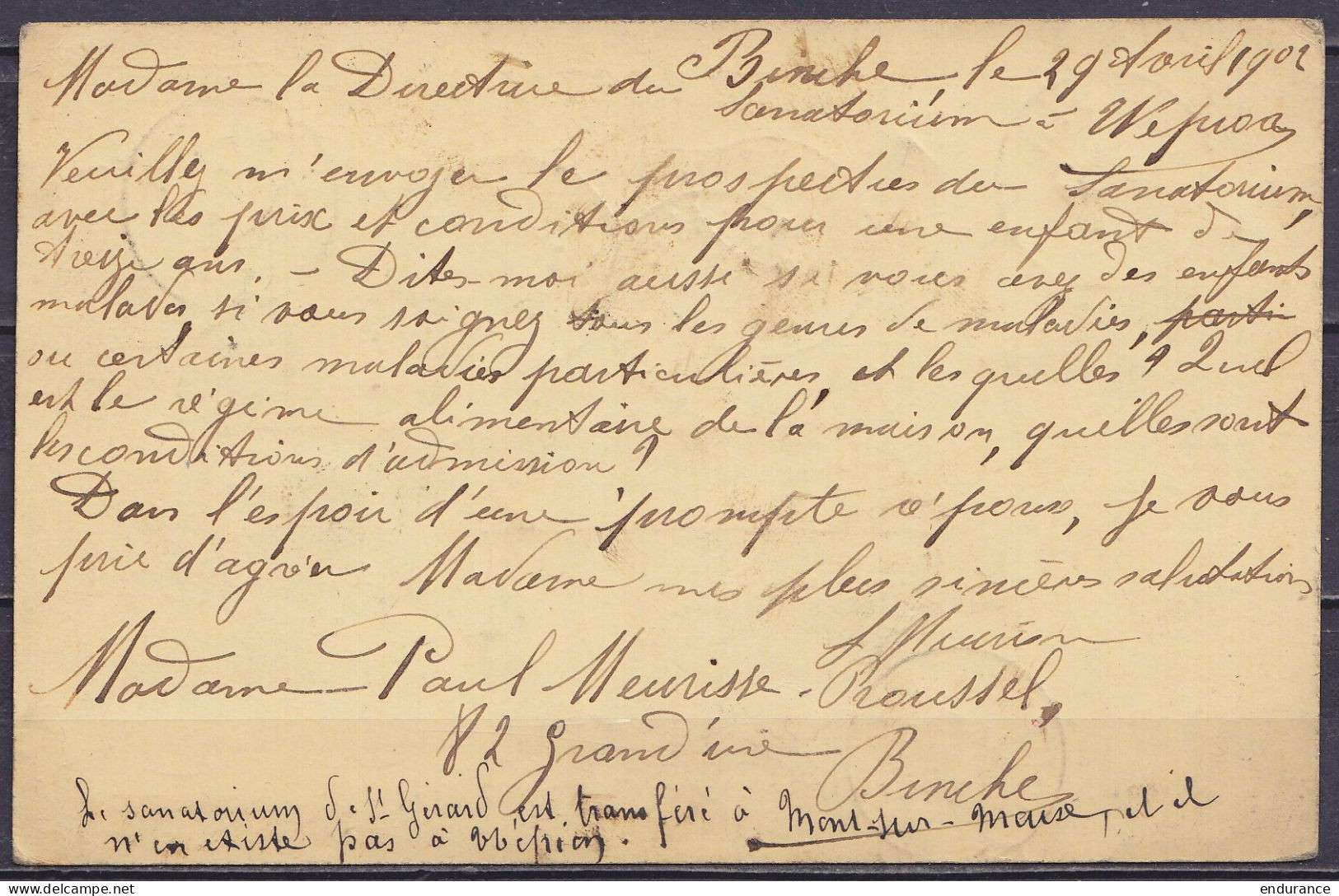 EP CP 5c Vert Càd BINCHE /30 AVR 1902 Pour Sanatorium De WEPION Mont-Godinne Réexpédiée à ST-GERARD, Réaffr. N°56 Càd YV - Tarjetas 1871-1909