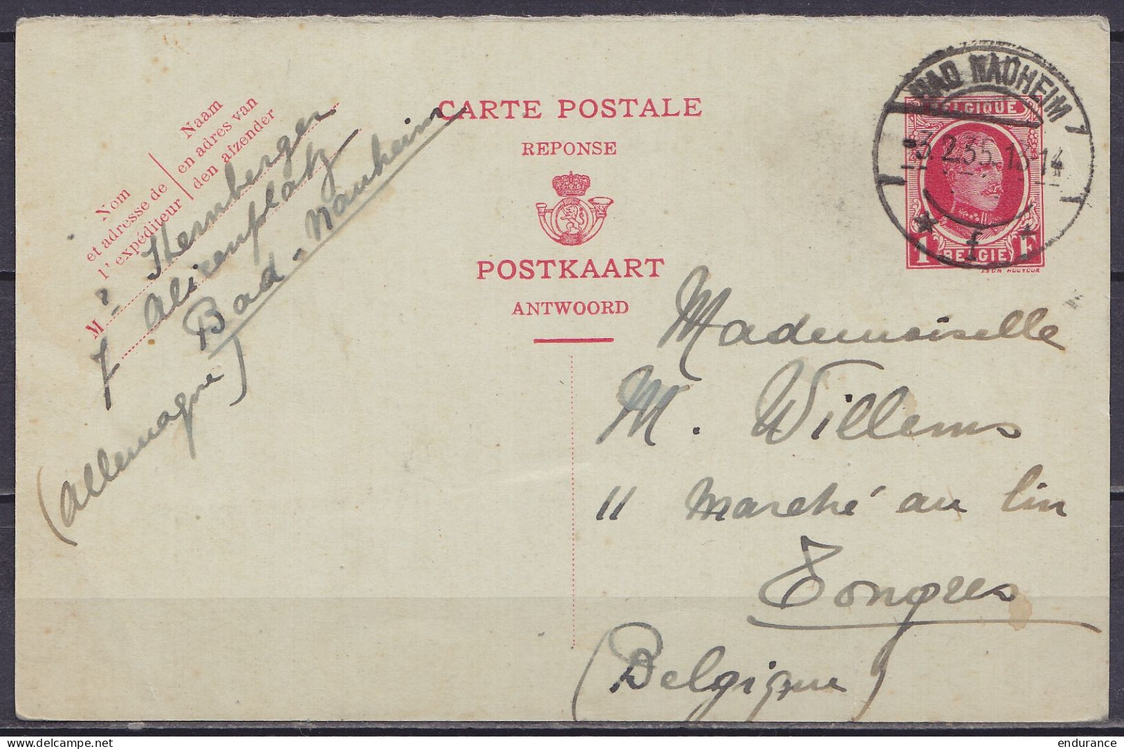 EP CP Partie Réponse 1f Rouge Houyoux Càpt BAD-NAUHEIM /-3.2.1935 Pour TONGRES - Postcards 1934-1951