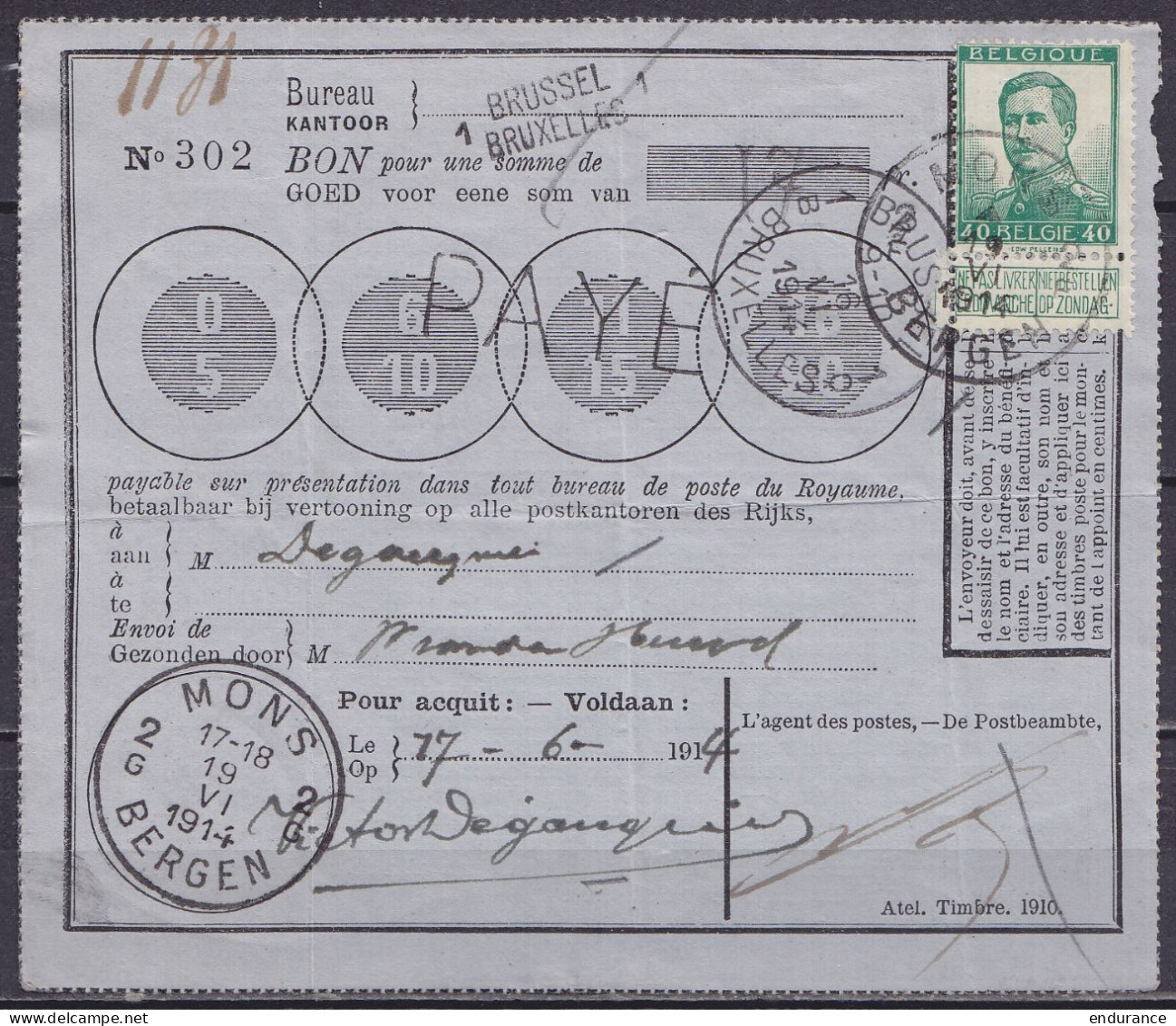 Bon De Poste (doc Interne) De 17f40 Càd "BRUSSEL 1/16 VI 1914/ BRUXELLES 1" Pour MONS - Affr. N°121 Càd "MONS 2/19 VI 19 - 1912 Pellens