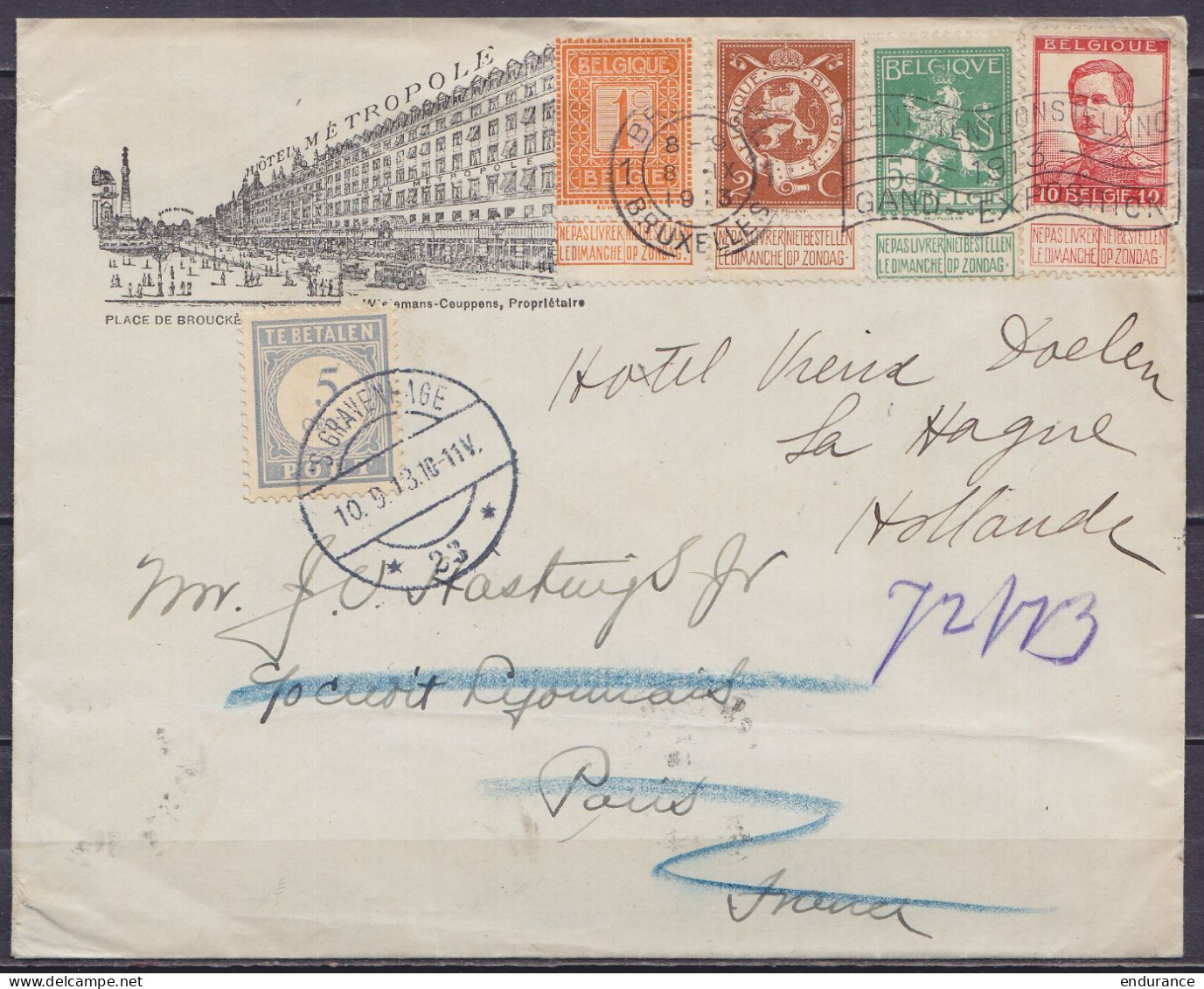 Env. "Hôtel Métropole" Affr. N°108/110+118 Flam. BRUSSEL 1 /8 IX 1913 Pour PARIS Réexpédiée à LA HAGUE - Taxée 5c Càpt ' - 1912 Pellens