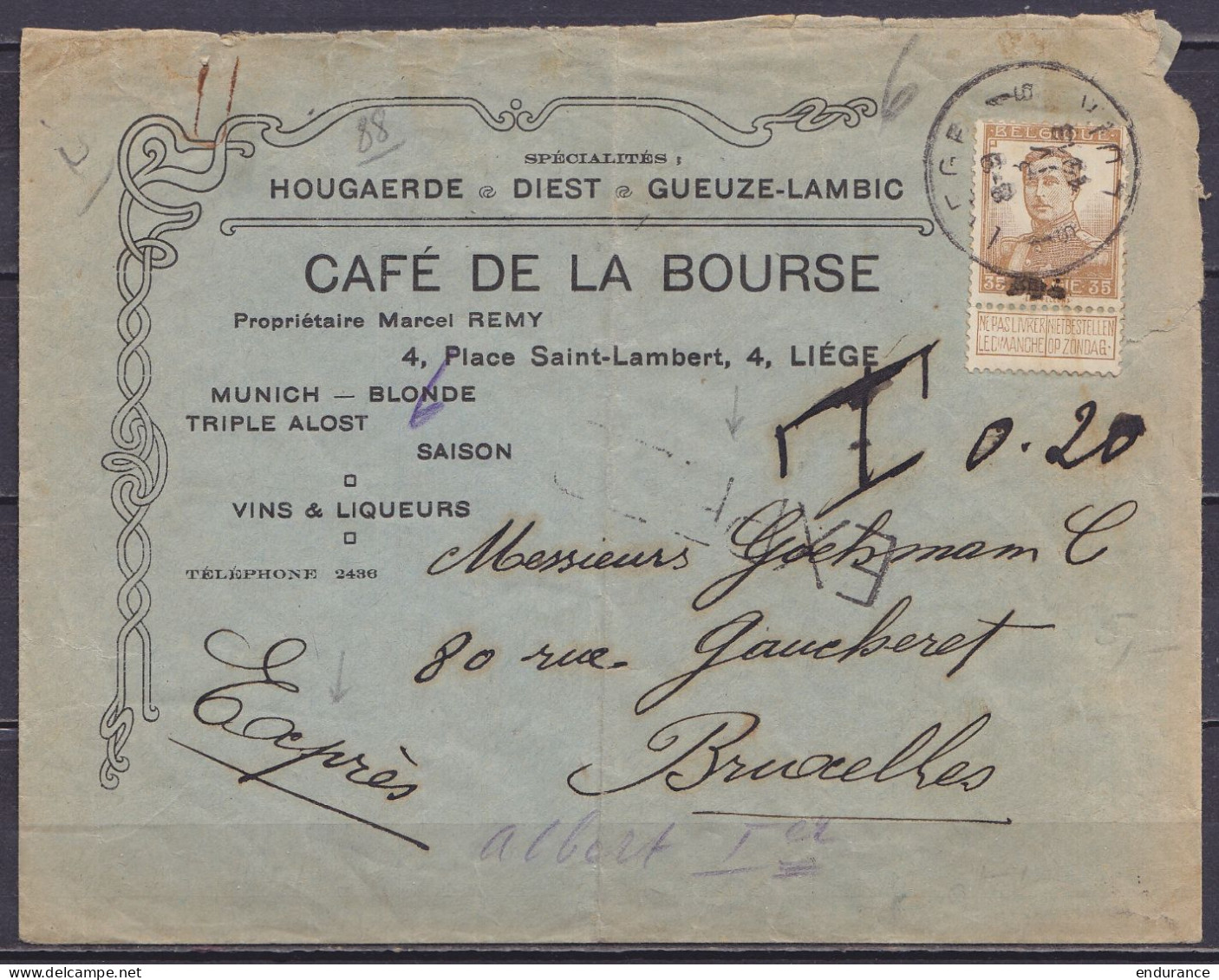 Env. "Café De La Bourse /Hoegaerde /Diest /Geuze-Lambic" En Exprès Affr. 113 Càd LIEGE /3 IV 1913 Pour BRUXELLES - Taxée - 1912 Pellens