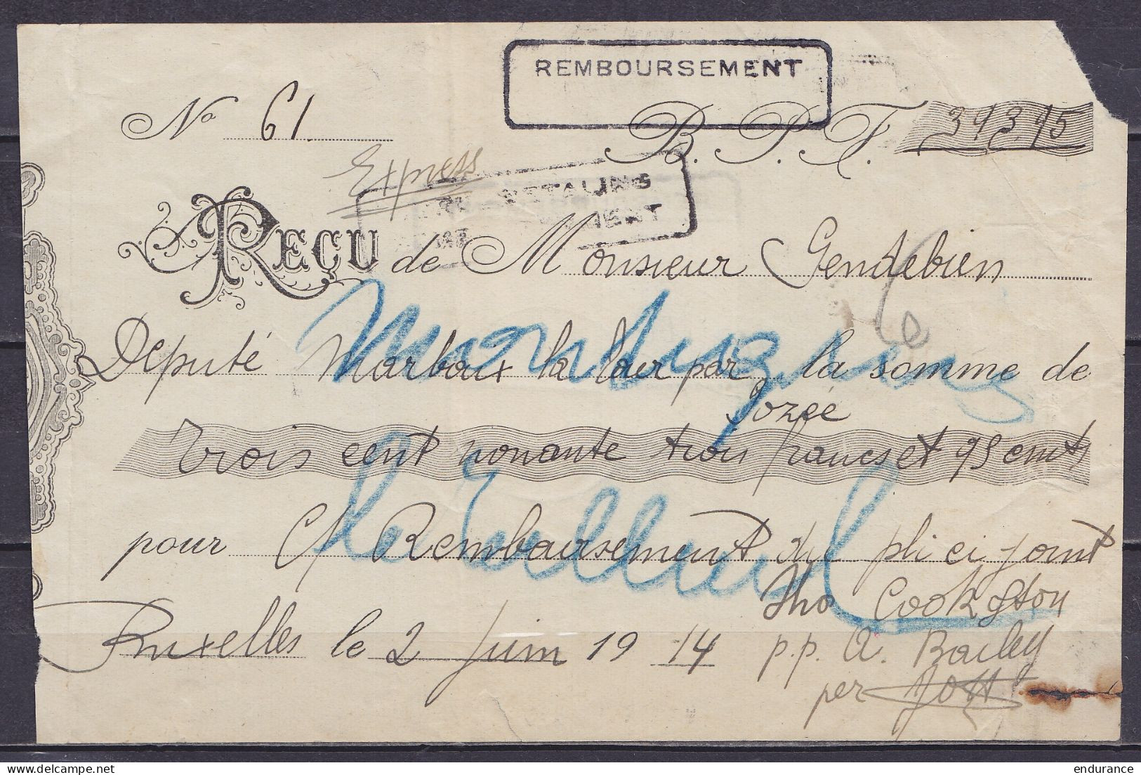 Reçu Affr. N°115+123 Càd "BRUSSEL 12 /2 VI 1914/ BRUXELLES 12" - Cachets [REMBOURSEMENT] & [TERUGBETALING / REMBOURSEMEN - 1912 Pellens