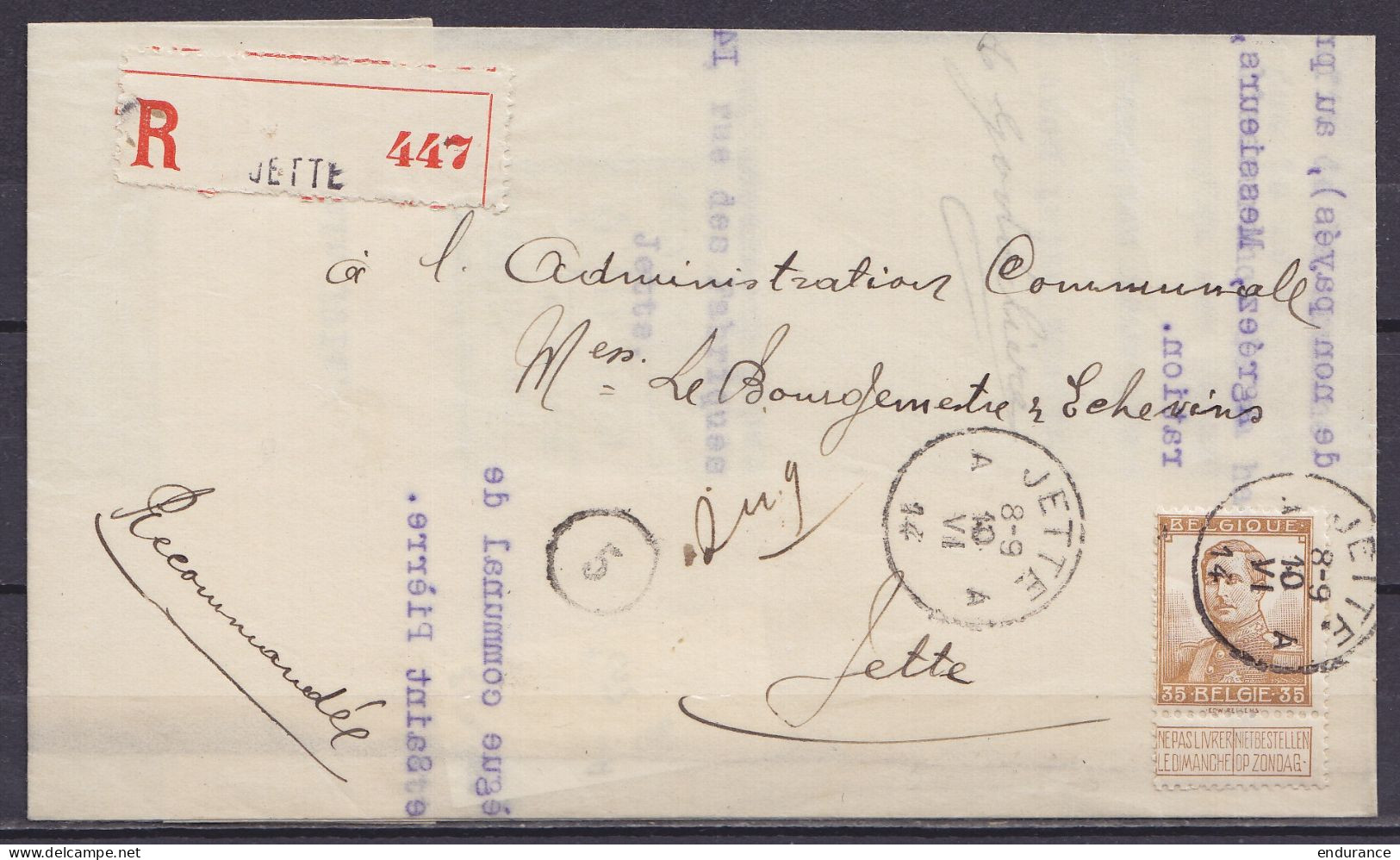 L. Recommandée Affr. N°113 Càd JETTE /10 VI 1914 Pour E/V (au Dos: Note Facteur "absent Le 10-6-14, à Représenter Le 11" - 1912 Pellens