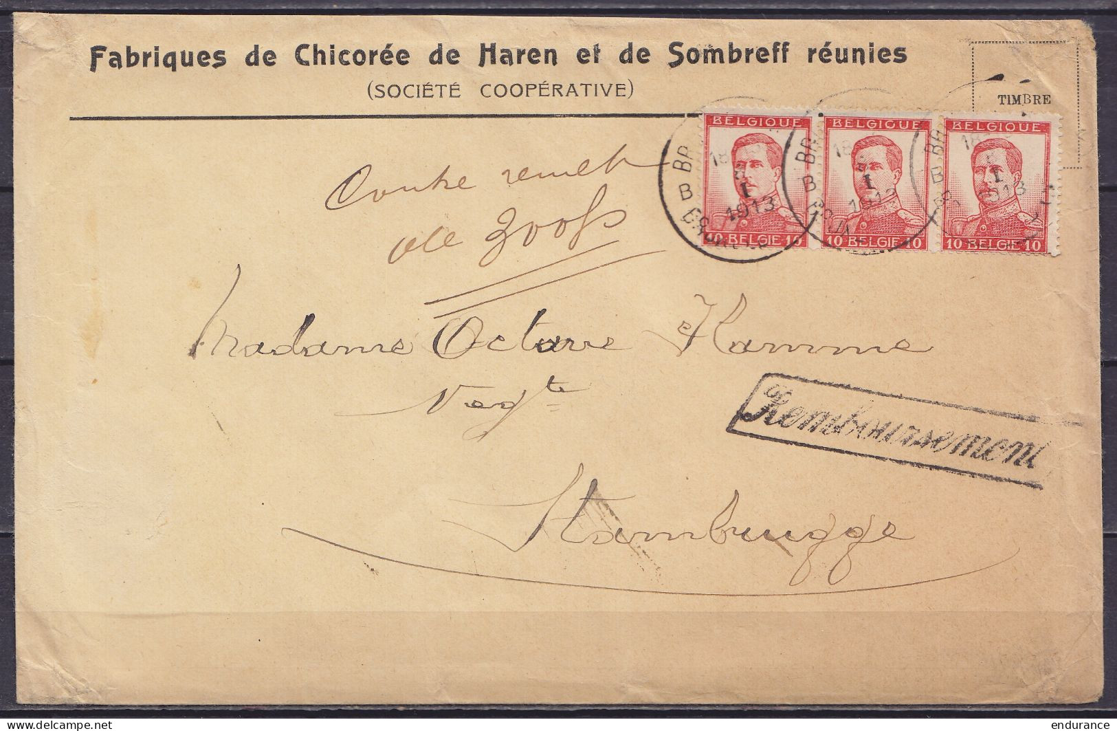 Env. "Fabrique De Chicorée De Haren Et De Sombreff" Contre-remboursement Affr. Bande 3x N°118 Càd BRUXELLES /8 I 1913 Po - 1912 Pellens