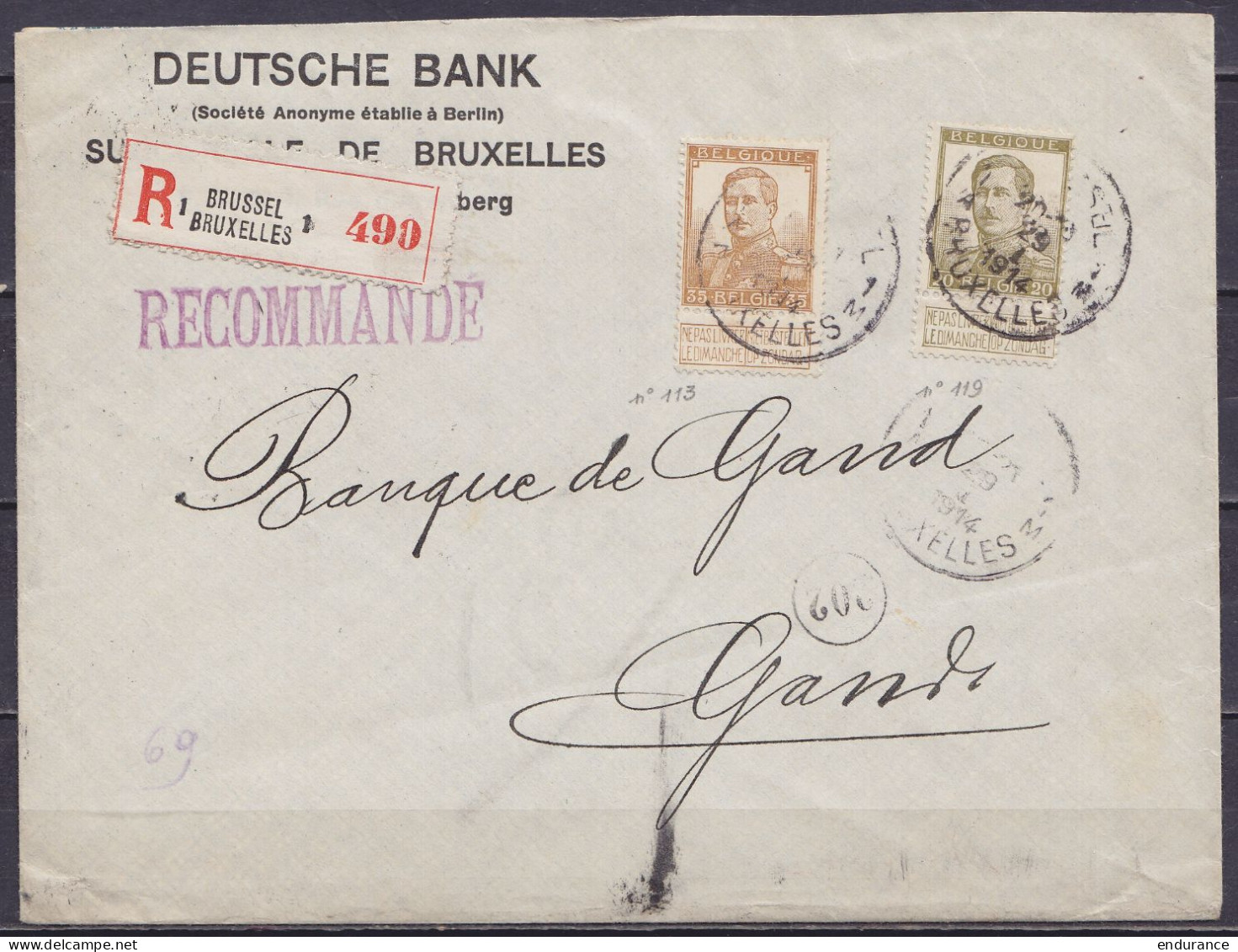 Env. "Deutsche Bank" Recommandée Affr. N°113+124 Càd "BRUSSEL 1 /29 I 1914/ BRUXELLES 1" Pour Banque De GAND - Griffe "R - 1912 Pellens