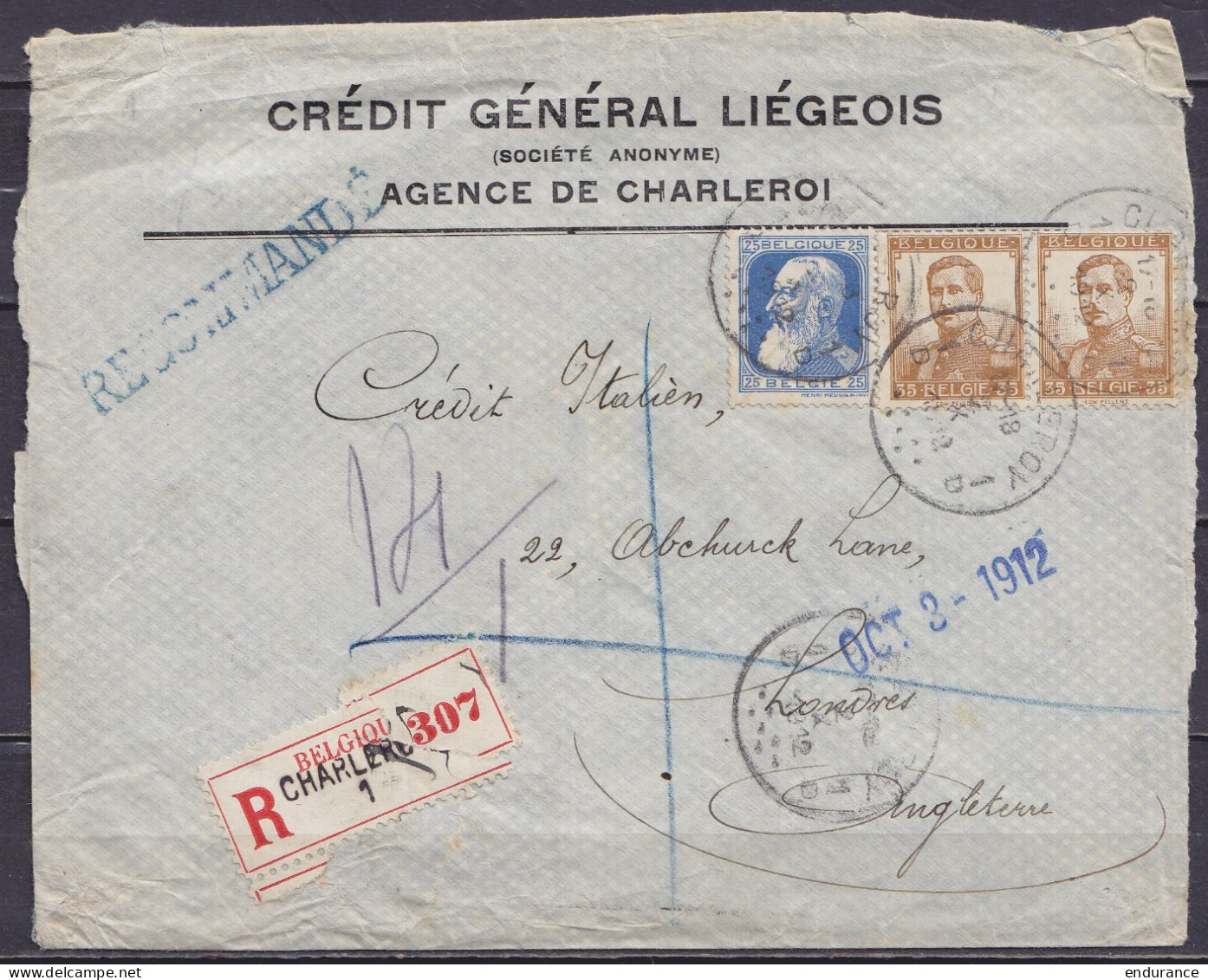 Env. "Crédit Général Liégeois" Affr. Mixte N°76 + Paire N°113 (3 Ports Recommandé) Càd CHARLEROY 1 /2 X 1912 Pour LONDRE - 1905 Grosse Barbe