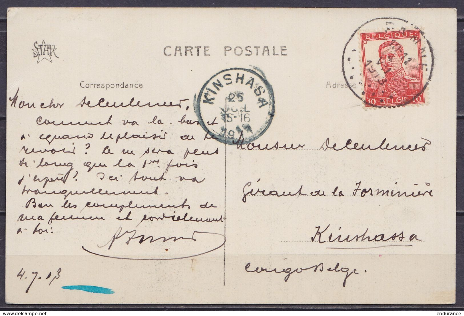 CP La Panne Affr. N°111 Càd PANNE /4 VII 1913 Pour KINSHASA Congo Belge - Càd Arrivée KINSHASA /25 JUIL 1913 - 1912 Pellens