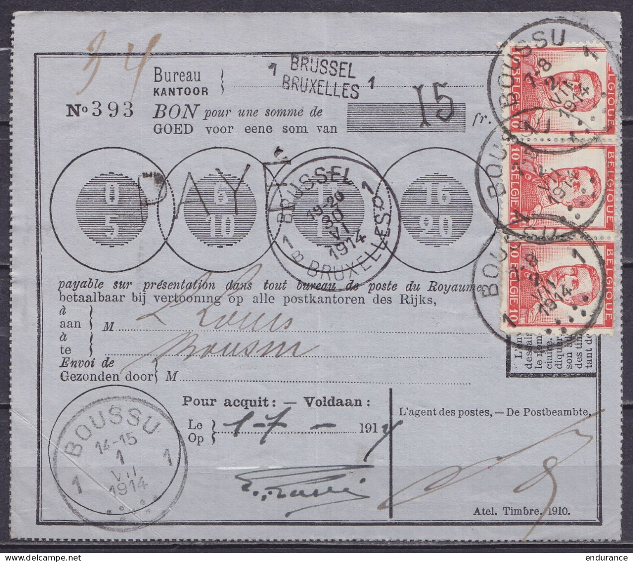 Bon De Poste (doc Interne) De 15f3 Càd "BRUSSEL 1/30 VI 1914/ BRUXELLES 1" Pour BOUSSU- Affr. Bande 3x N°123 Càd BOUSSU  - 1912 Pellens