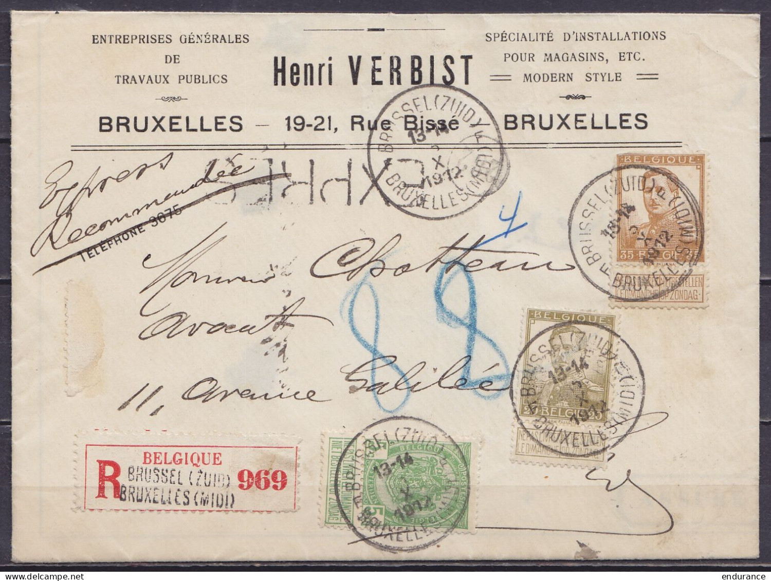 Env. Exprès Recommandée "Menuiserie H. Verbiest" Affr. Mixte N°83 + N°113+115 Càd "BRUSSEL (ZUID) /5 X 1912/ BRUXELLES ( - 1912 Pellens
