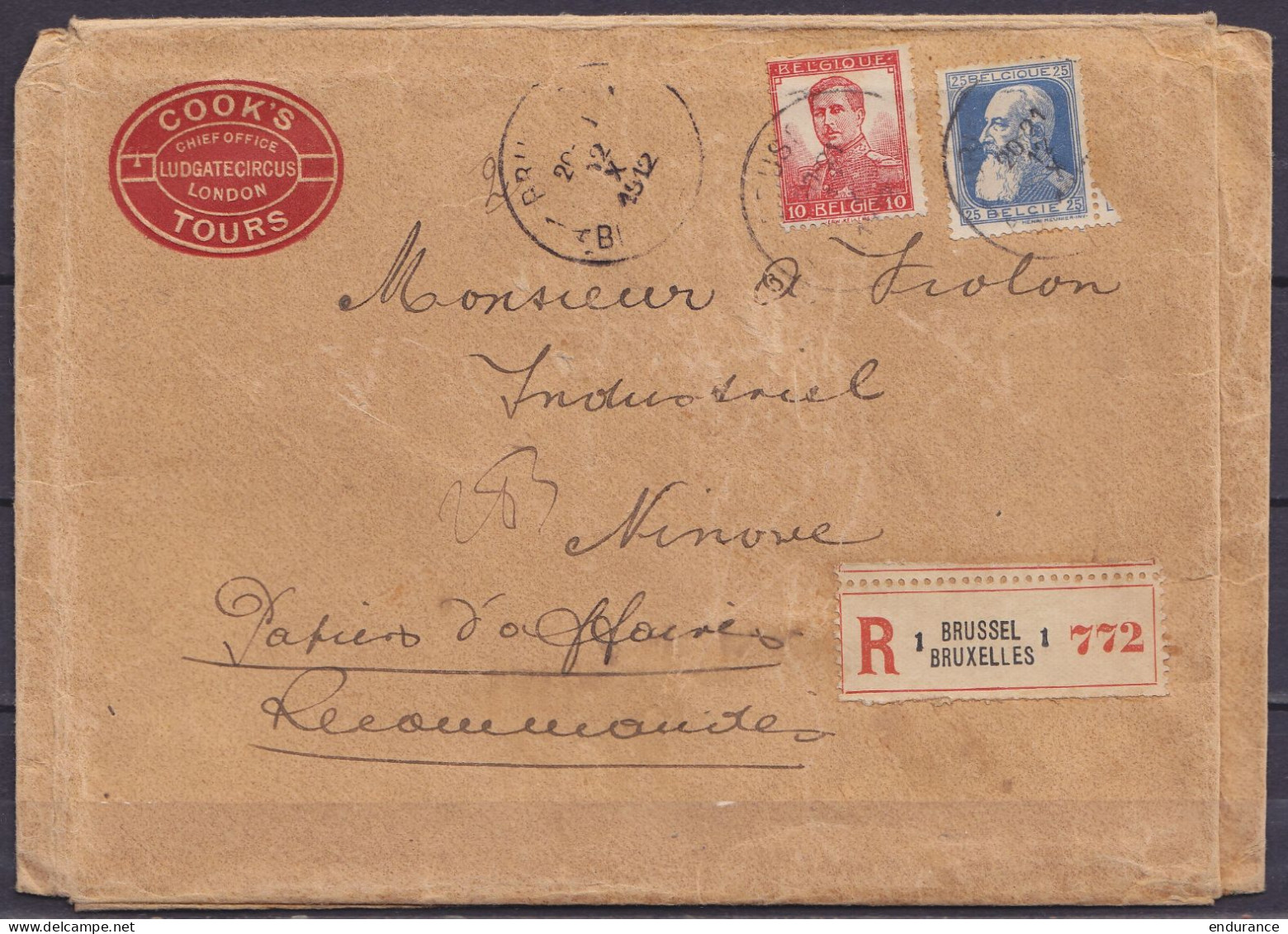 Env. Recommandée Papiers D'affaires "Cook's Tours London' Affr. Mixte N°76 (Léopold II) + N°111 (Albert 1e) Càd BRUXELLE - 1912 Pellens