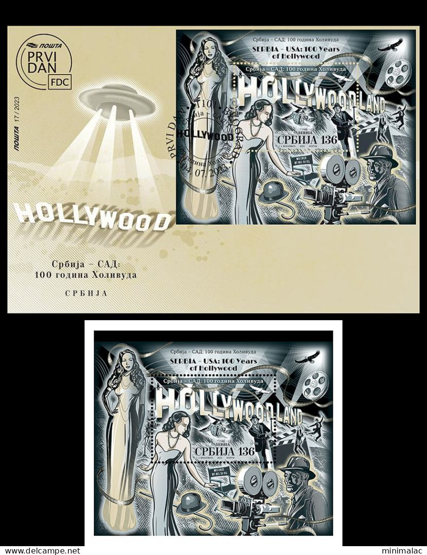 Serbia 2023, 100 Years Of Hollywood, Cinema, Film, Actors, FDC + Block, MNH - Cinéma