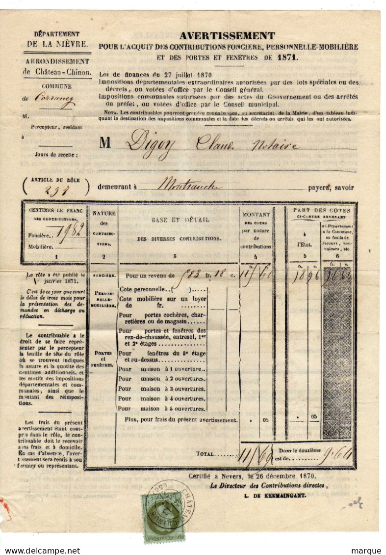 Document Avec Timbre 1C Vert Olive Bleuté Oblitération CHATEAU CHINON - 1849-1876: Klassieke Periode