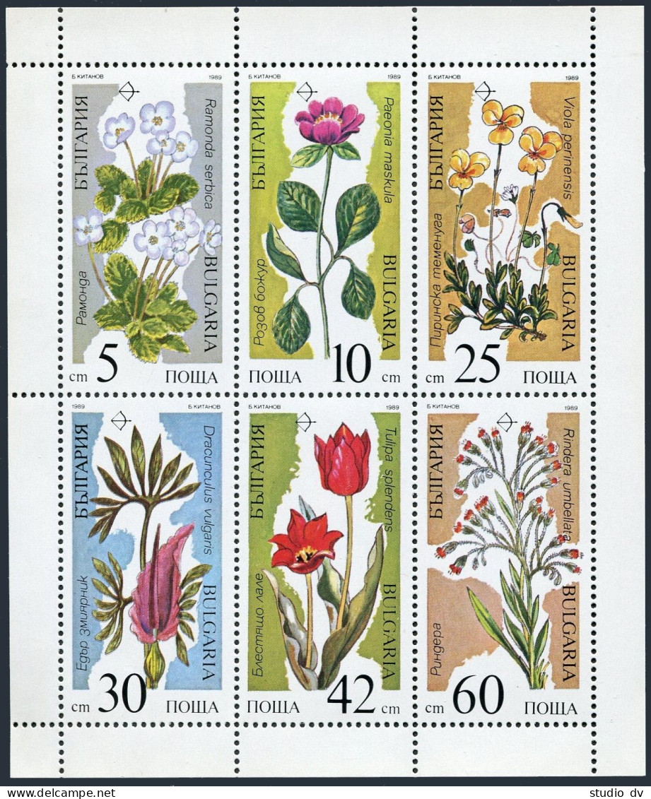 Bulgaria 3392-3397a Sheet, MNH. Michel 3735-3740. Endangered Plant Species 1989. - Unused Stamps