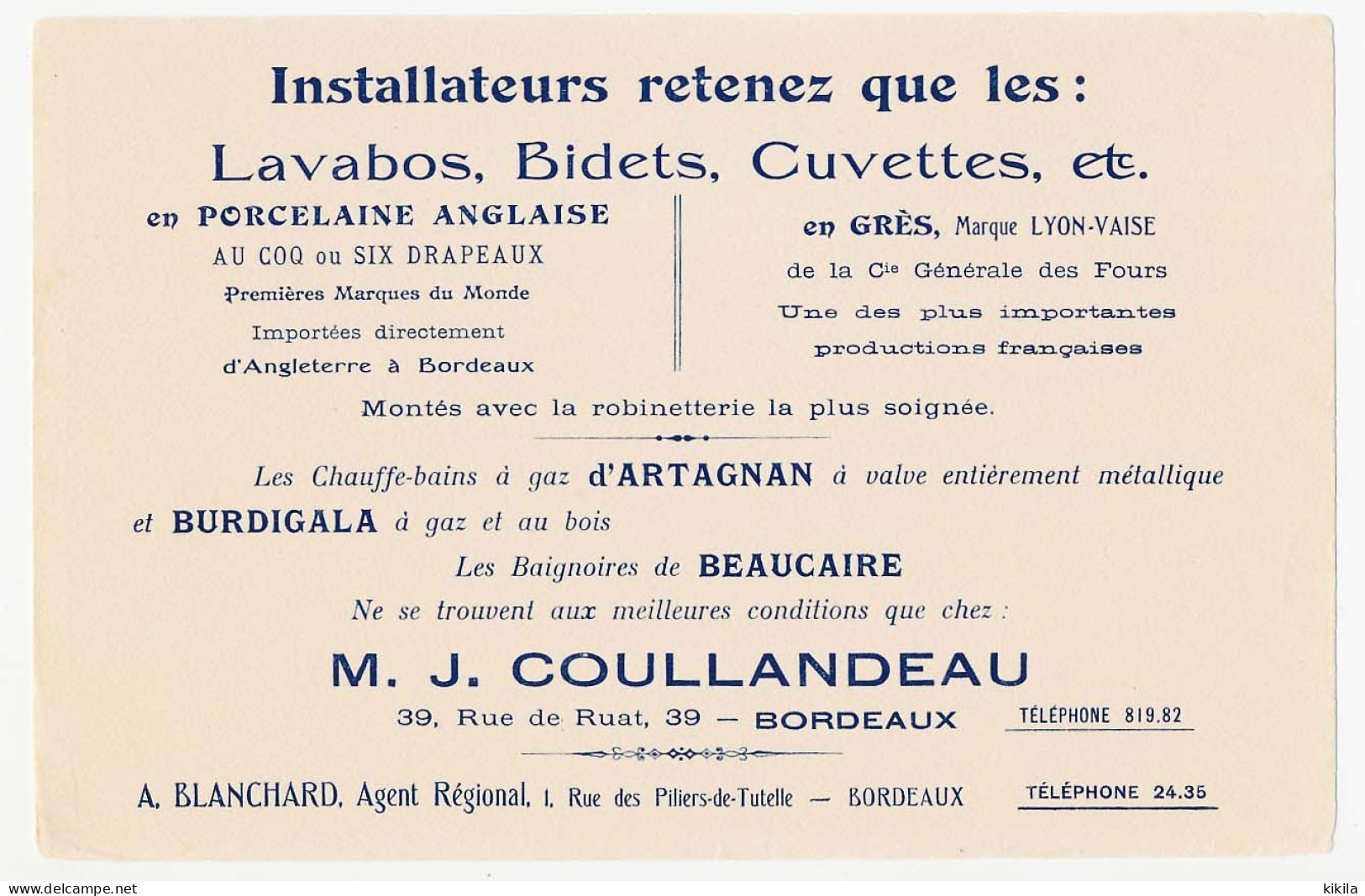 Buvard  21.5 X 14 M. J. COULLANDEAU  Bordeaux  Lavabos Bidets Cuvettes En Porcelaine Anglaise Ou En Grès - Waschen & Putzen