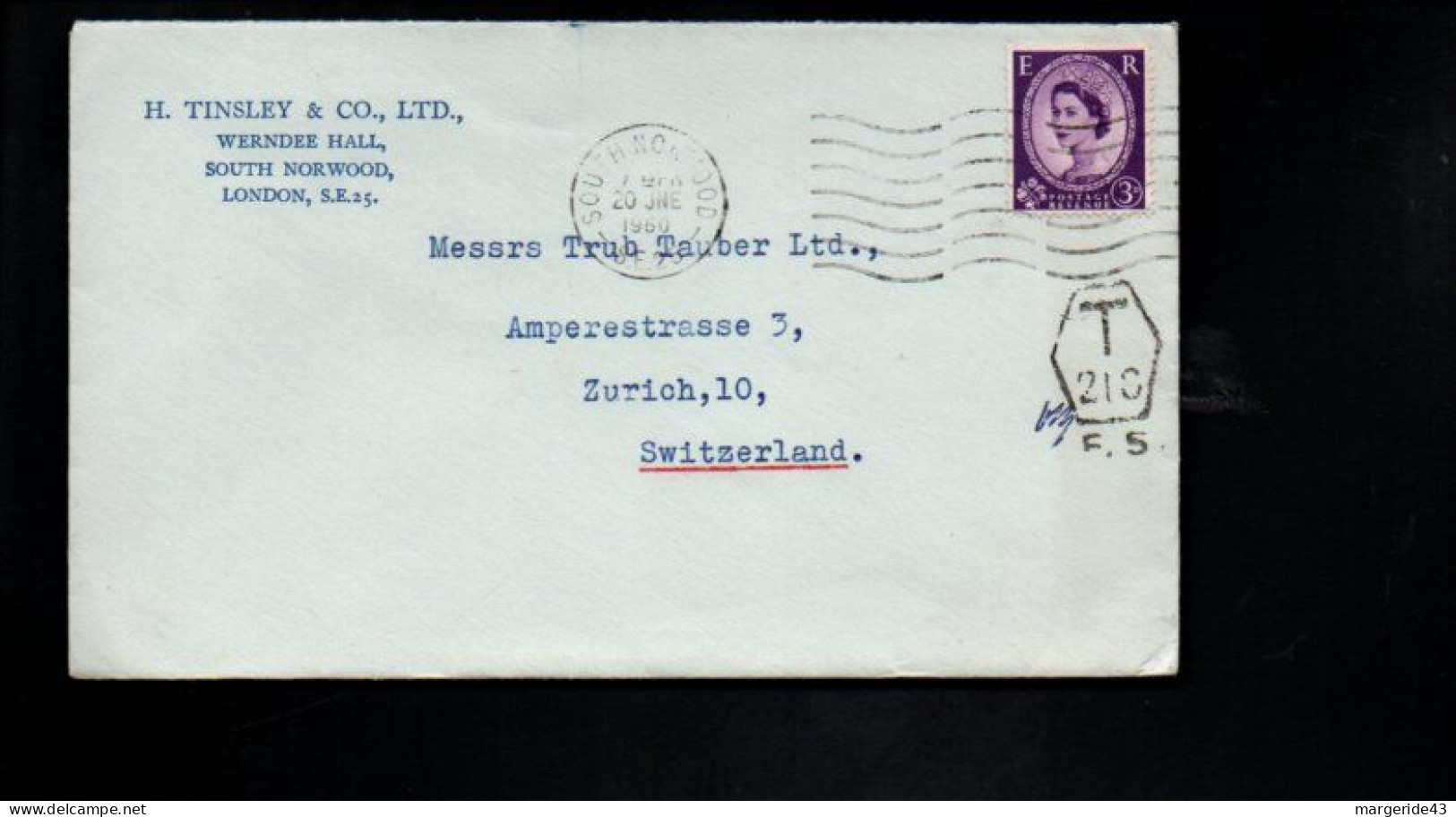 GB SEUL SUR LETTRE POUR LA SUISSE TAXEE AU DEPART 1960 - Cartas & Documentos