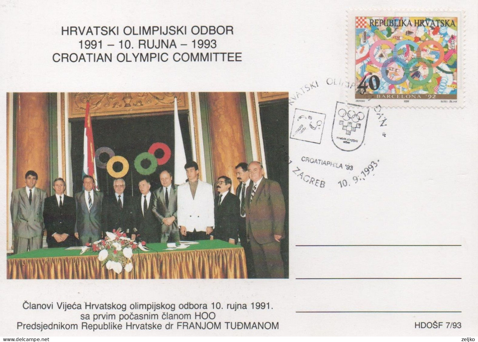 Croatia, Croatian Olympic Day 1993, Tennis, Card - Kroatien