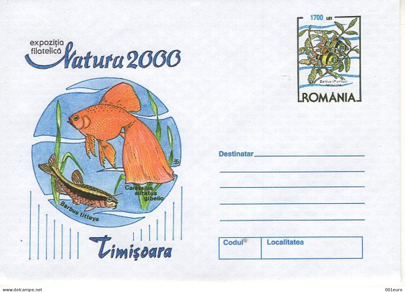 ROMANIA 156x2000: AQUARIUM FISH, Unused Prepaid Postal Stationery Cover - Registered Shipping! - Entiers Postaux