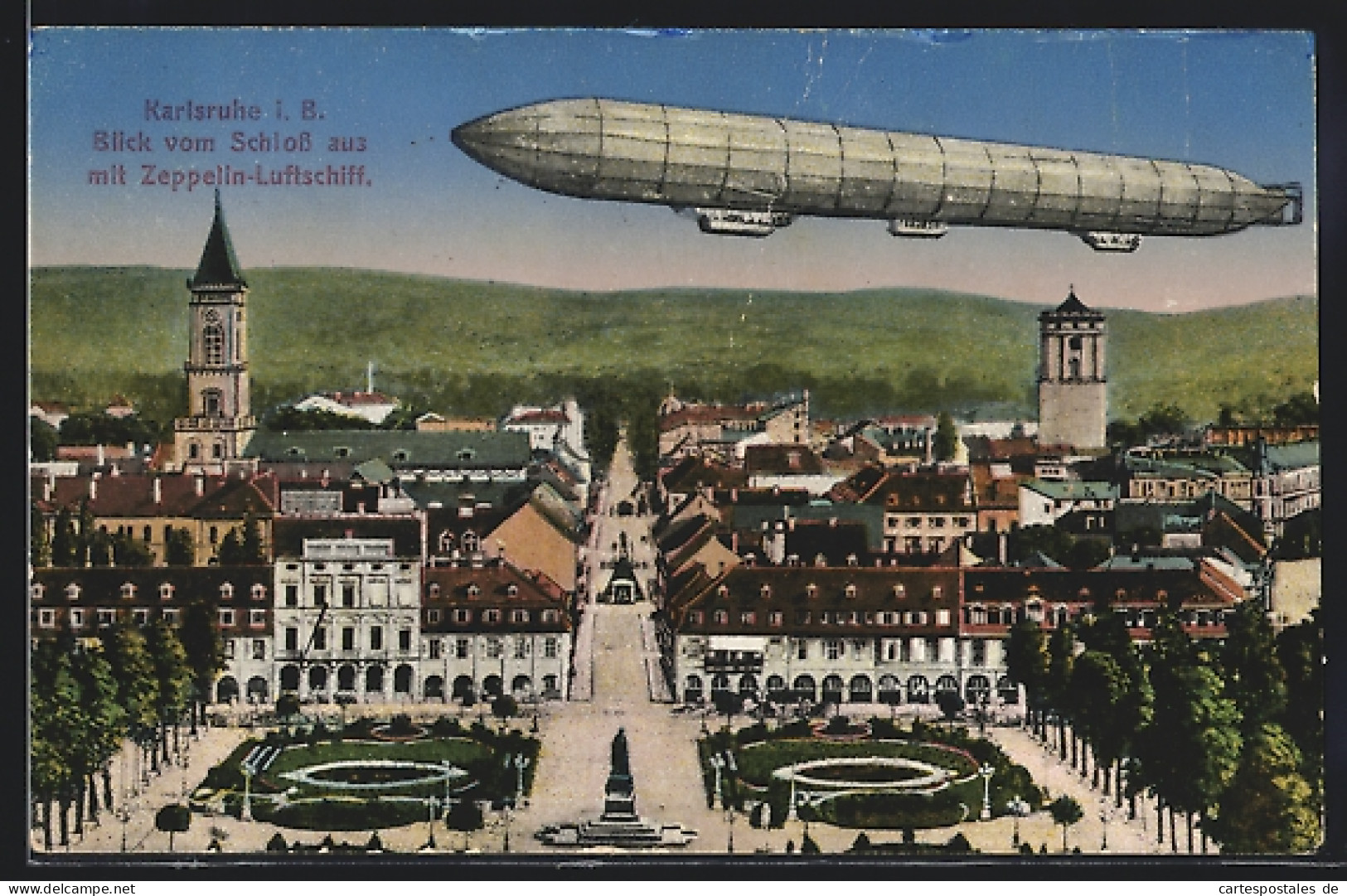 AK Karlsruhe I. B., Stadtansicht Mit Zeppelin-Luftschiff Vom Schloss Gesehen  - Dirigeables