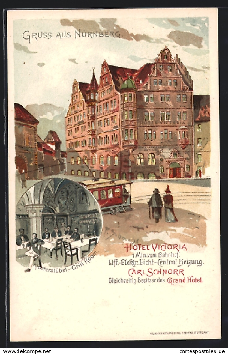 Lithographie Nürnberg, Hotel Victoria, Klosterstübel, Grill Room  - Nuernberg