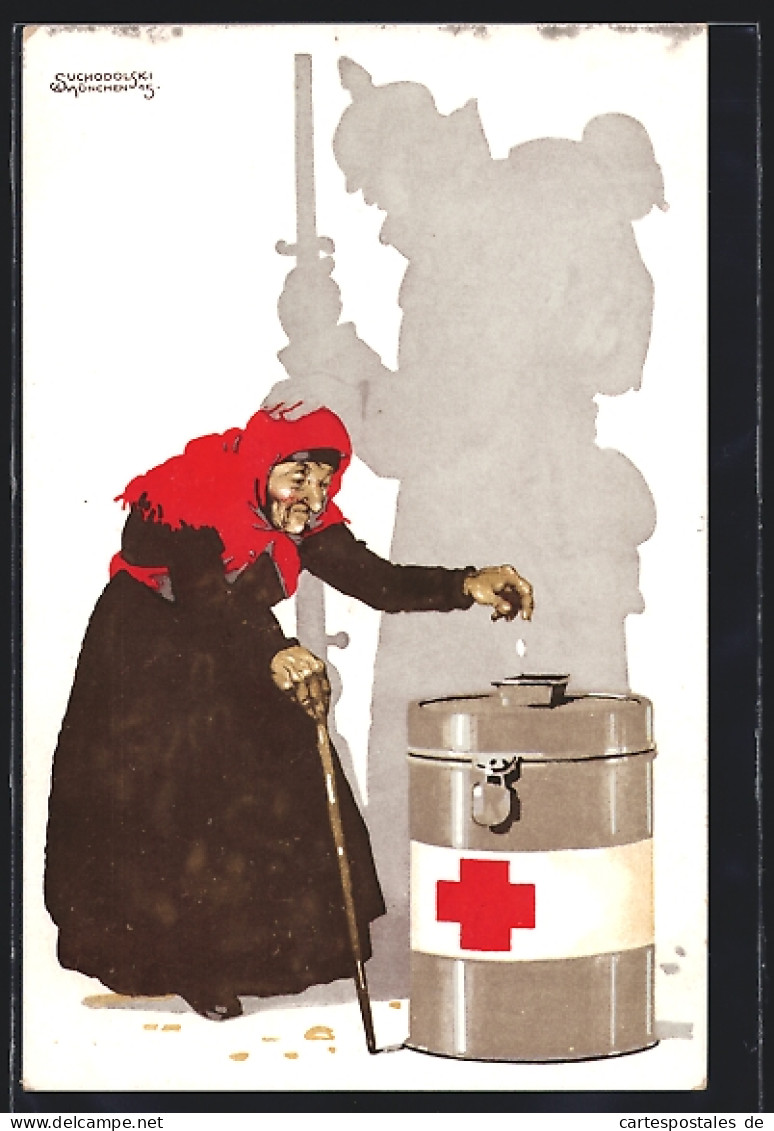 Künstler-AK Sign. Suchodolski: Rotes Kreuz, Alte Frau Spendet, Schatten-Soldat Legt Ihr Zum Dank Die Hand Auf Den Kopf  - Rotes Kreuz