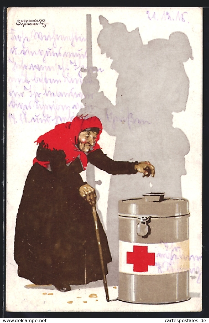 Künstler-AK Sign. Suchodolski: Rotes Kreuz, Alte Frau Spendet, Schatten-Soldat Legt Ihr Zum Dank Die Hand Auf Den Kopf  - Croce Rossa