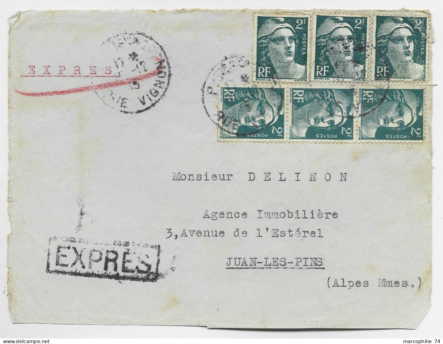 GANDON 2FRX6 DEVANT LETTRE EXPRES PARIS 10.12.1945 POUR JUAN LES PINS AU TARIF - 1945-54 Marianna Di Gandon