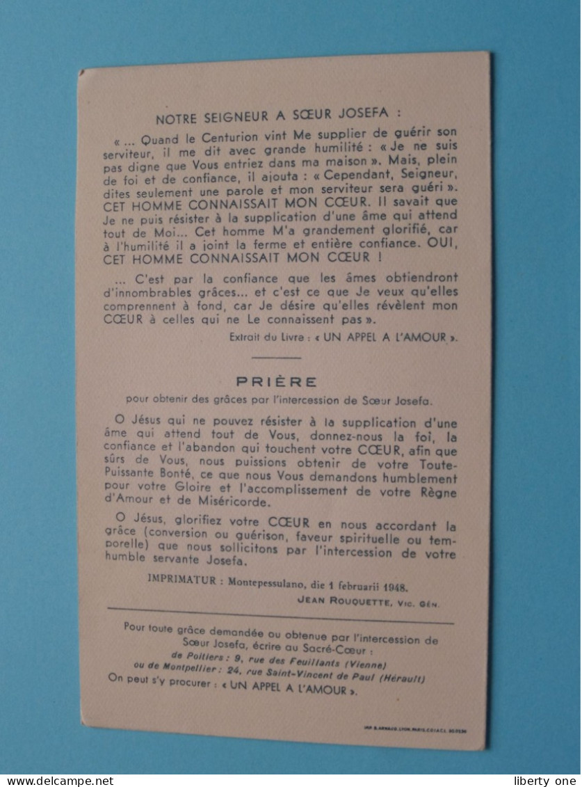 Soeur JOSEFA MENENDEZ Née à Madrid1890-1923 ( Prière ) Imp. Montepessulano 1948 ! - Saints