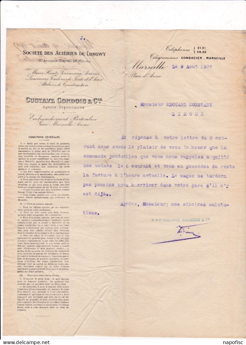13-G.Gondois & Cie..Société Des Aciéries De Longwy. ....Marseille...(Bouches-du-Rhône)....1907 - Otros & Sin Clasificación