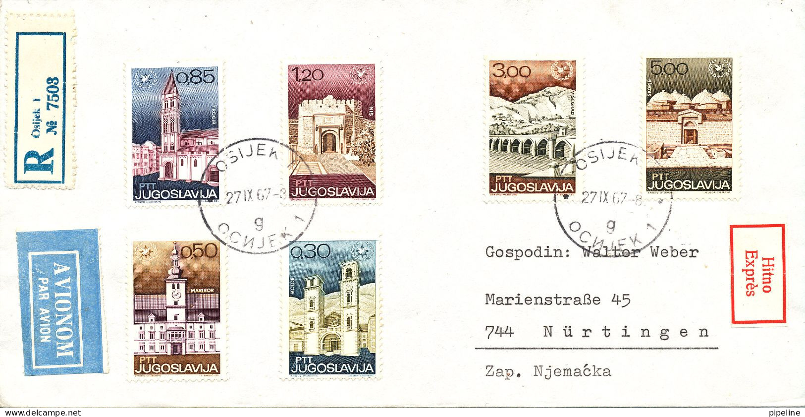 Yugoslavia Registered Express Cover Sent To Germany Osijek 27-9-1967 With Complete Set Of 6 International Tourism Year - Lettres & Documents