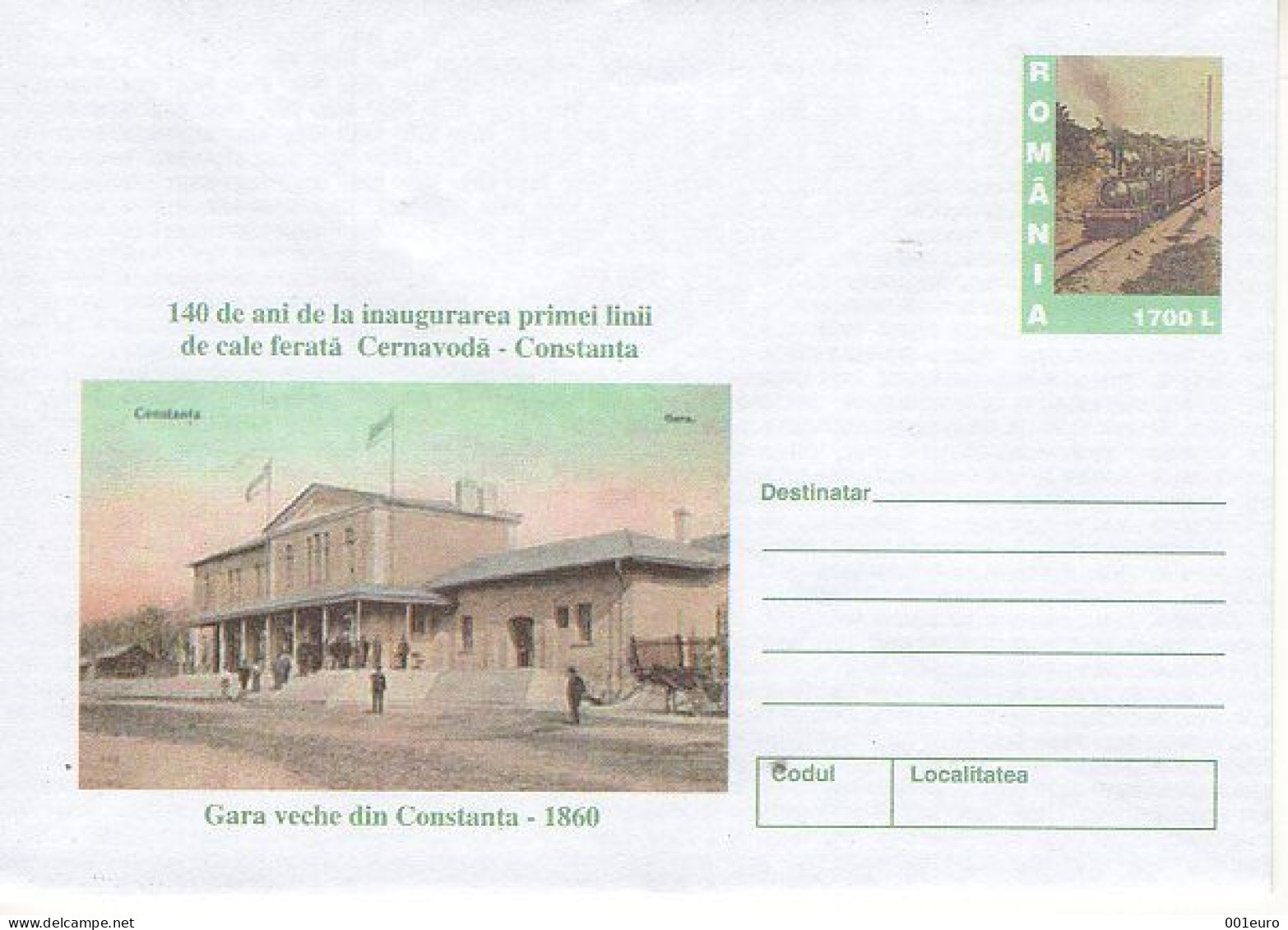 ROMANIA 153x2000: RAILROAD - STATION & STEAM LOCOMOTIVE, Unused Prepaid Postal Stationery Cover - Registered Shipping! - Enteros Postales