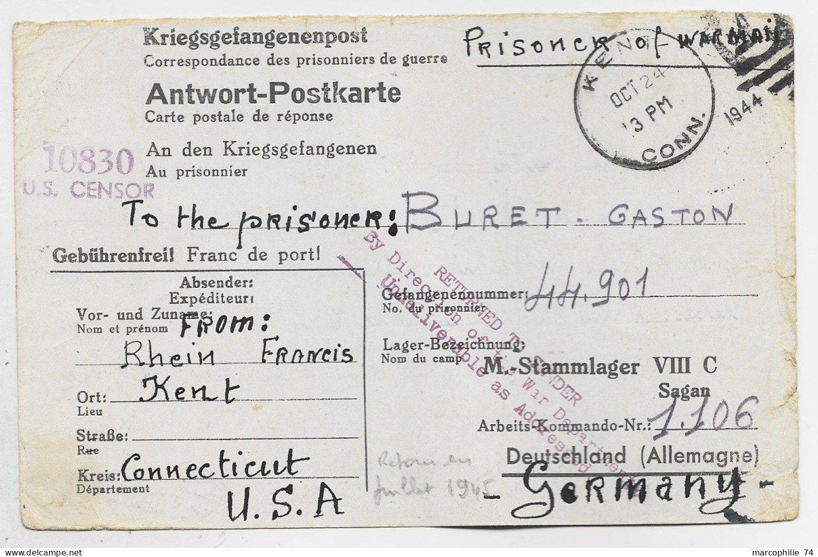 GERMANY STALAG POSTKARTE THE PRISONER KENT CONNECTICUT 1944 + US CENSOR 10830+ RETURN TO SENDER DIRECTION OF WAR - Covers & Documents