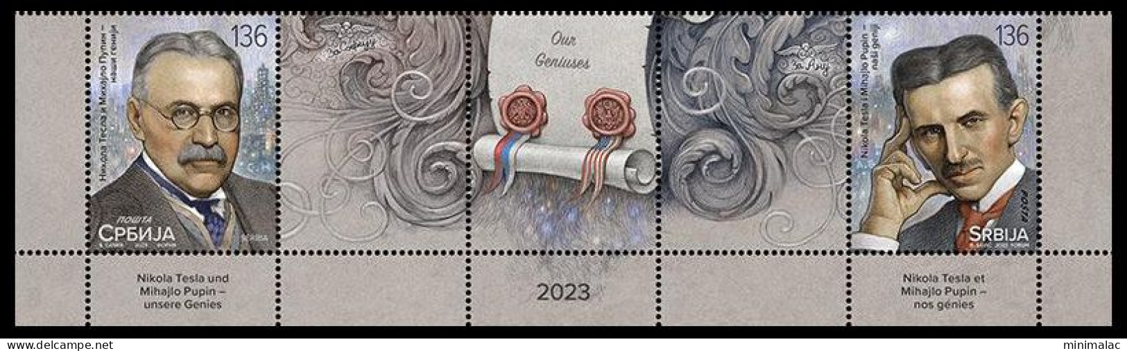 Serbia 2023. Nikola Tesla And Mihajlo Pupin - Our Geniuses, Stamp + Vignette, Lower Row, MNH - Serbie