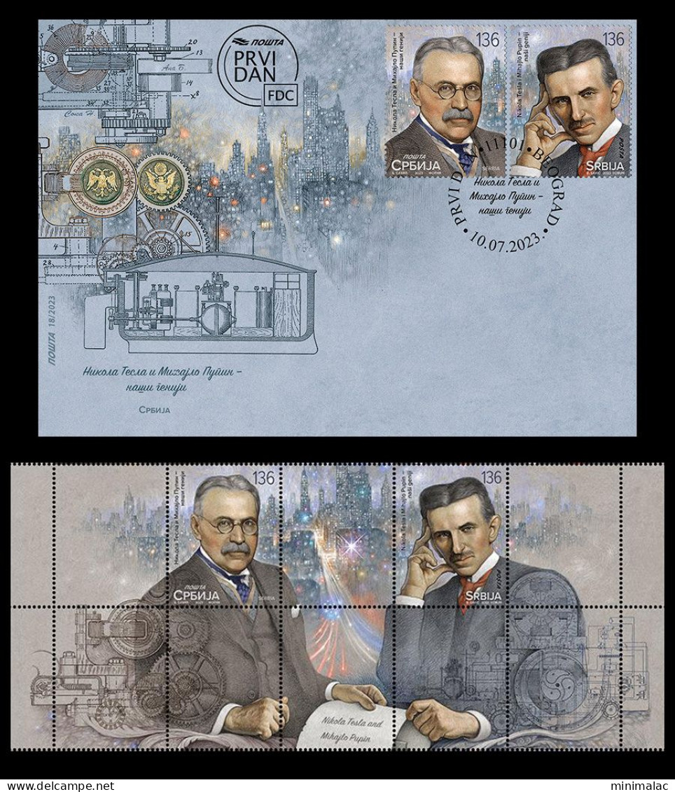 Serbia 2023. Nikola Tesla And Mihajlo Pupin - Our Geniuses, FDC + Stamp + Vignette, Middle Row, MNH - Serbia