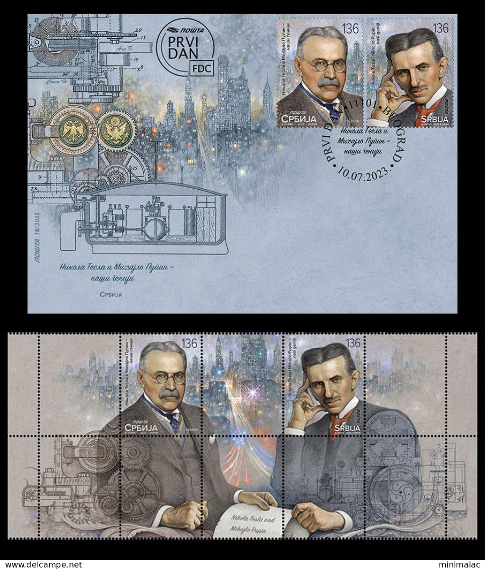 Serbia 2023. Nikola Tesla And Mihajlo Pupin - Our Geniuses, FDC + Stamp + Vignette, Middle Row, MNH - Fysica