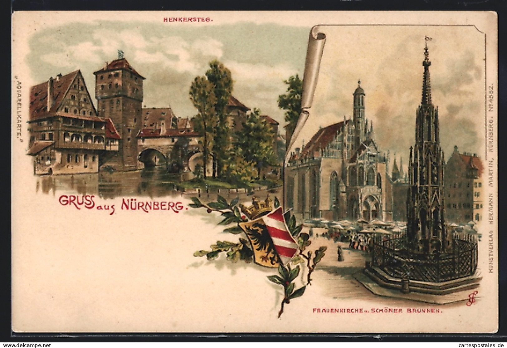 Künstler-AK W.Georgi: Nürnberg, Henkersteg, Frauenkirche & Schöner Brunnen  - Nuernberg