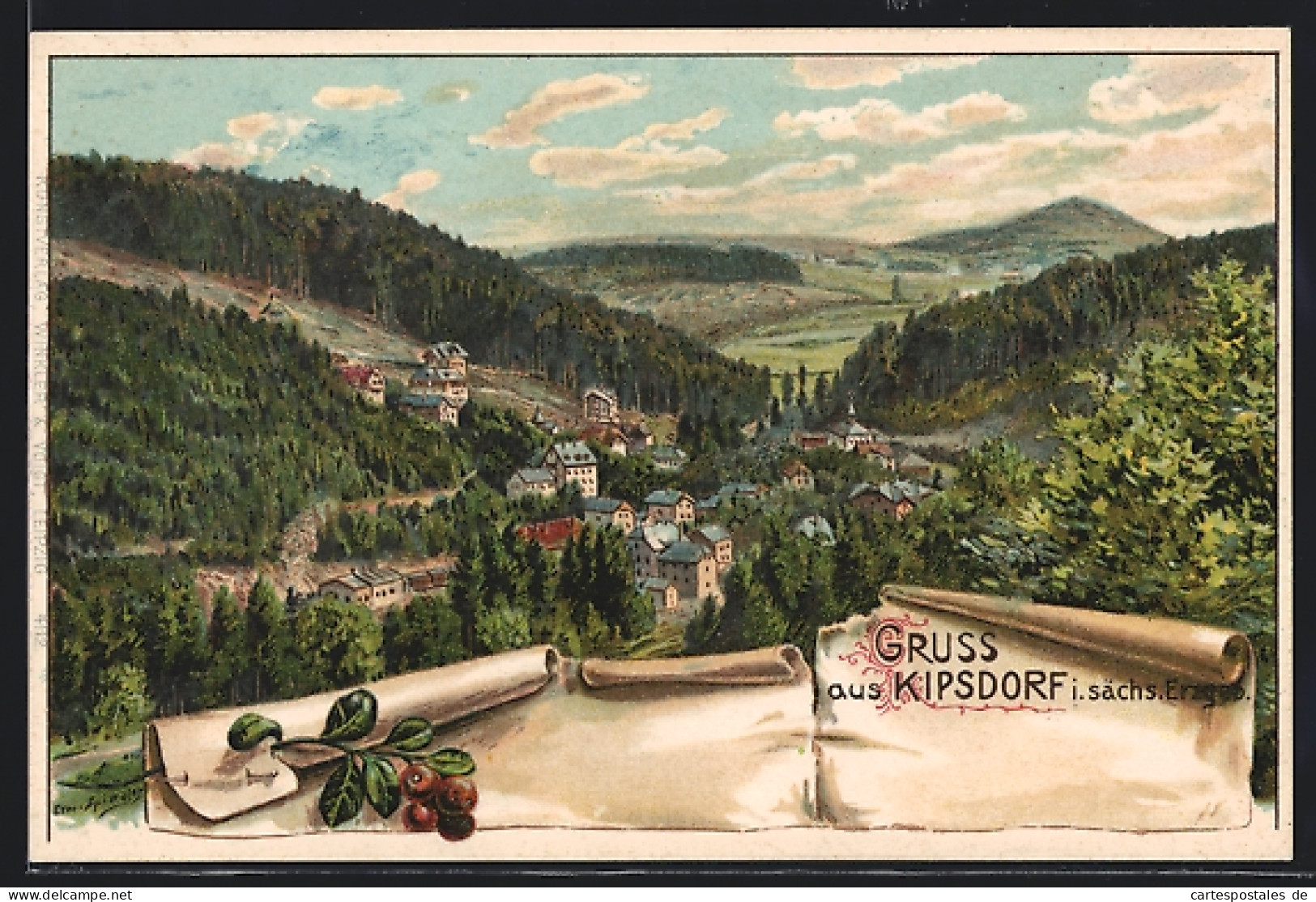 Lithographie Kipsdorf /Erzgeb., Gesamtansicht Aus Der Vogelschau  - Kipsdorf