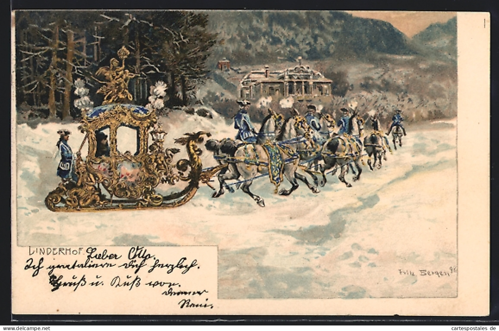 Künstler-AK Fritz Bergen: Schloss Linderhof Und Ludwig II. Im Pferdeschlitten Im Winter  - Royal Families
