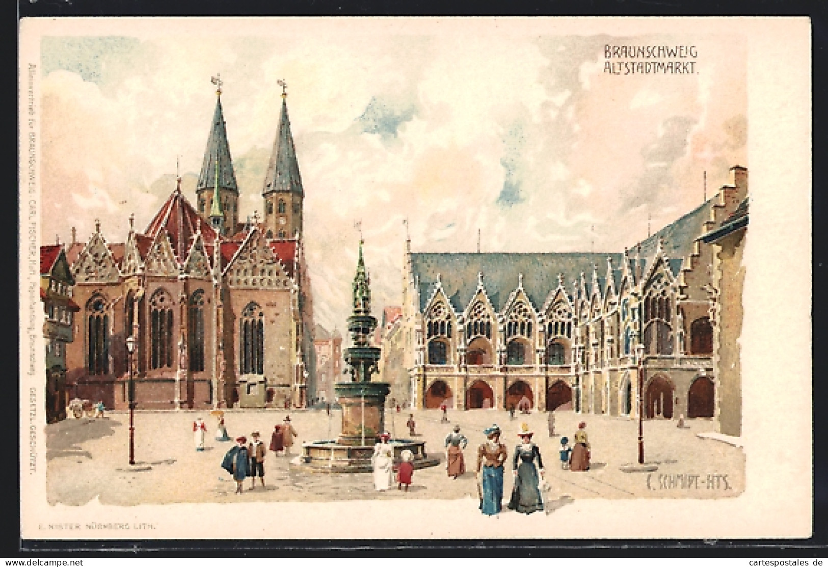 Lithographie Braunschweig, Altstadtmarkt Mit Brunnen  - Braunschweig