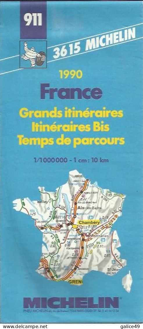 Carte Routière Michelin N°911 Grands Itinéraires -  Itinéraires Bis - Temps De Parcours - Année 1990.. - Callejero