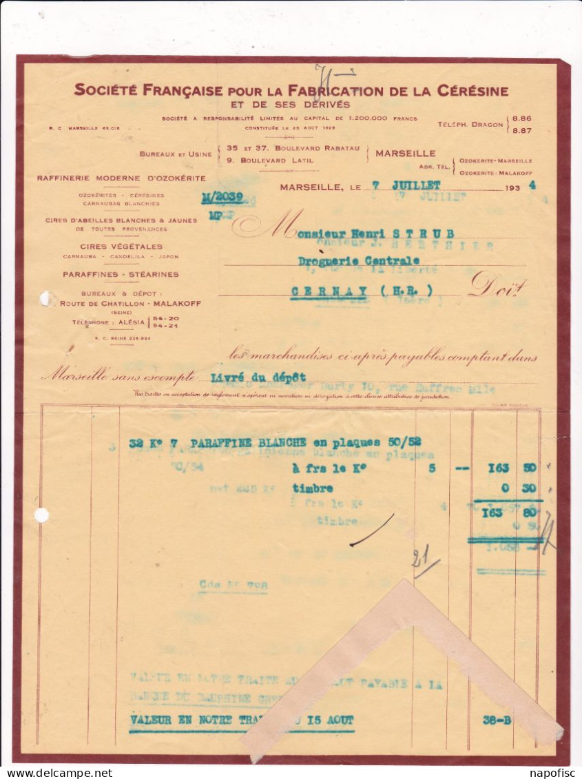 13-Société Française Pour La Fabrication De La Cérésine & Ses Dérivés....Marseille....(Bouches-du-Rhône)....1934 - Autres & Non Classés