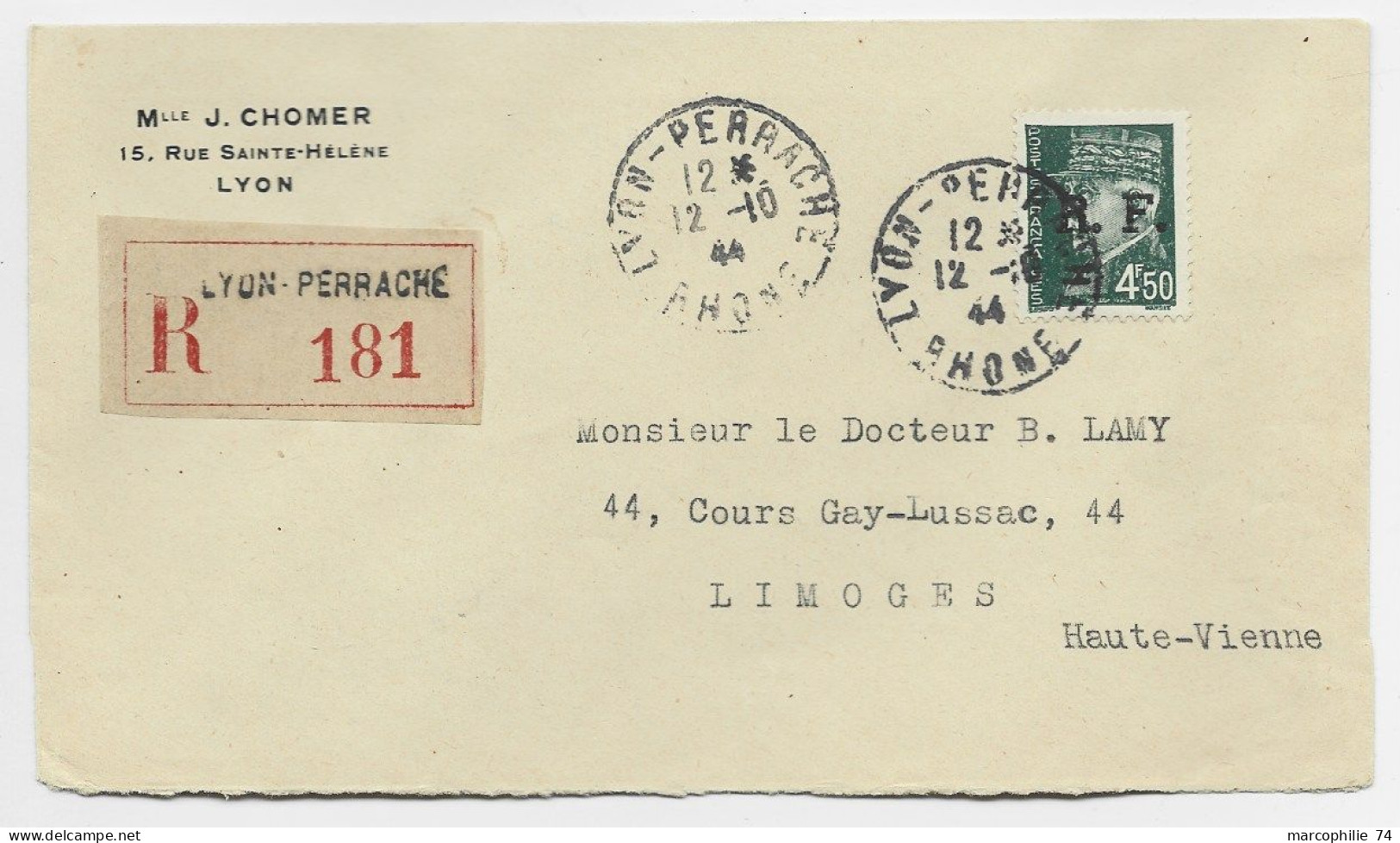 PETAIN 4FR50 RF LIBERATION DE LYON LETTRE REC LYON PERRACHE 12.10.1944 RHONE AU TARIF - Befreiung