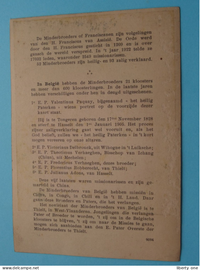 Gods Dienaar P. VALENTINUS PAQUAY Minderbroeder Tongeren 17 Nov 1828 - Hasselt 1 Jan 1905 ( Thielt 9094 ) ! - Santos