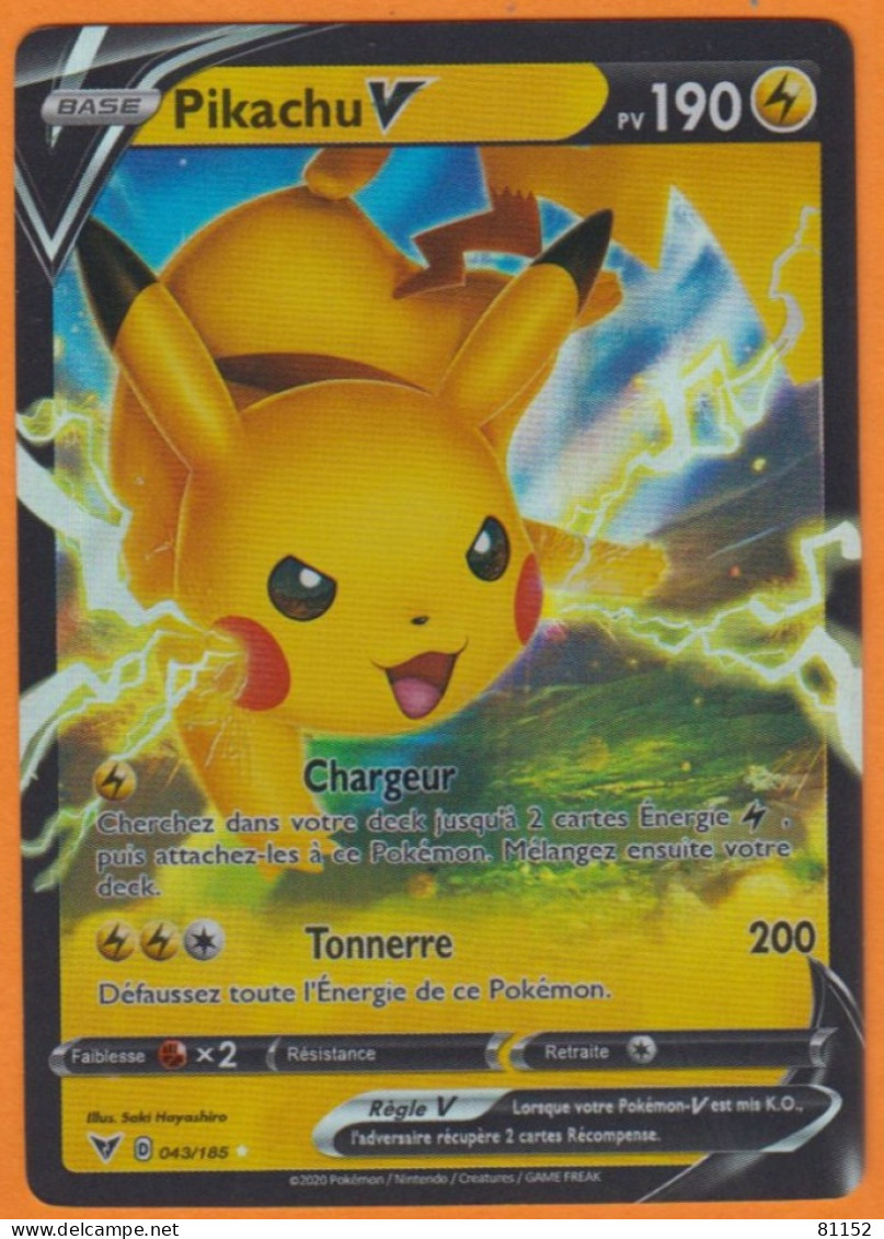 Carte Pokemon Pikachu V Pv 190 043/185 Année 2020 Tonnerre - Lots & Collections