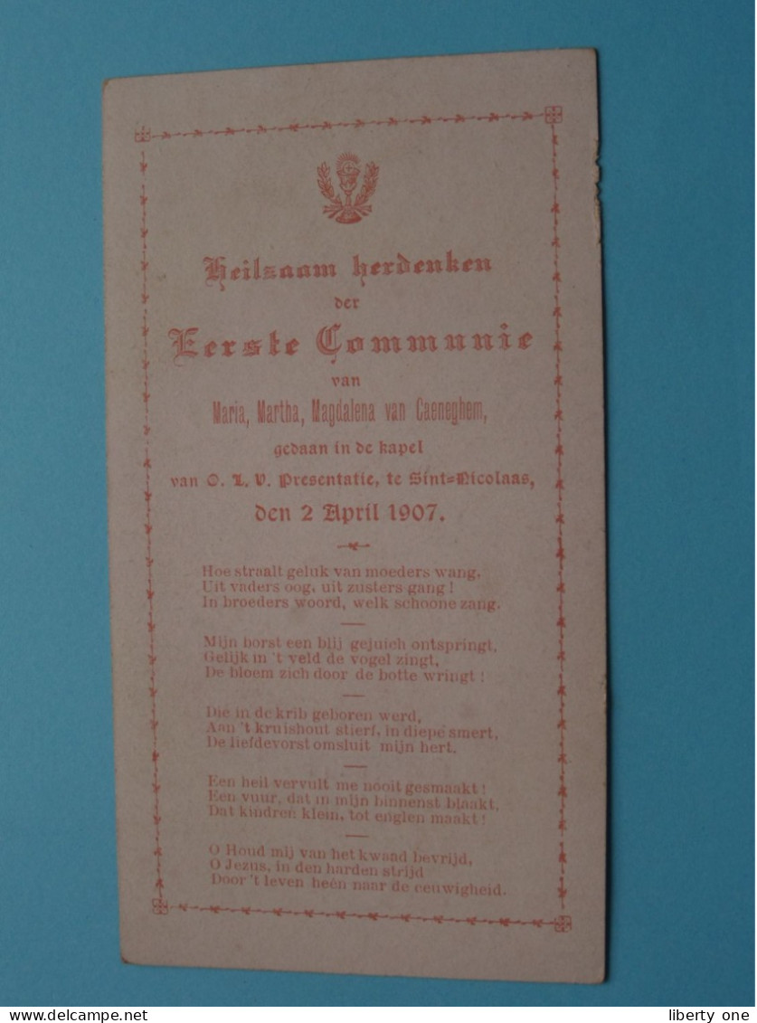 Eerste COMMUNIE Van Maria-Marthe-Magdalena VAN CAENEGHEM I/d Kapel O.L.V Presentatie Sint NICOLAAS Den 2 April 1907 ! - Communie