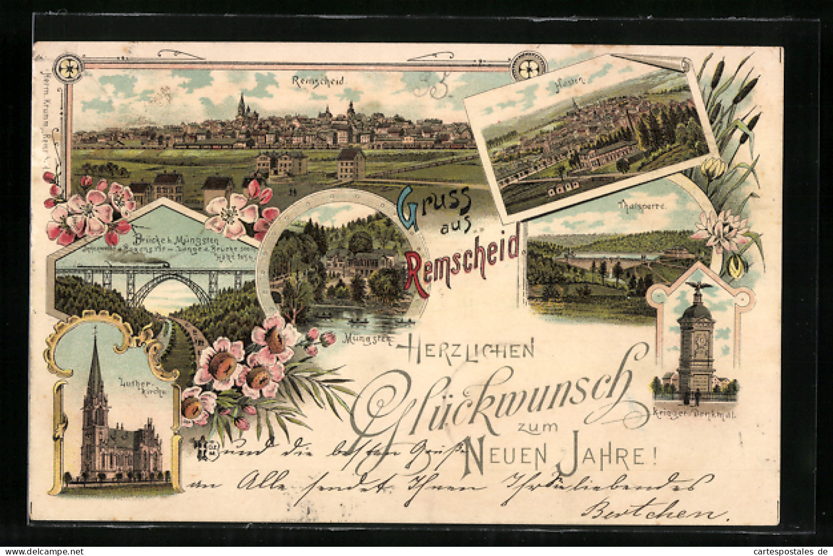 Lithographie Remscheid, Brücke B. Müngsten, Kriegerdenkmal Und Lutherkirche  - Remscheid